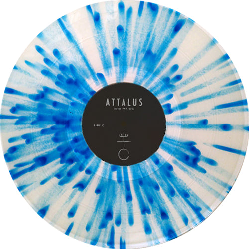 Limited edition Attalus vinyl with a white base and blue splatter, featuring Attalus Into the Sea on the label and a gatefold jacket with unique icons and text.