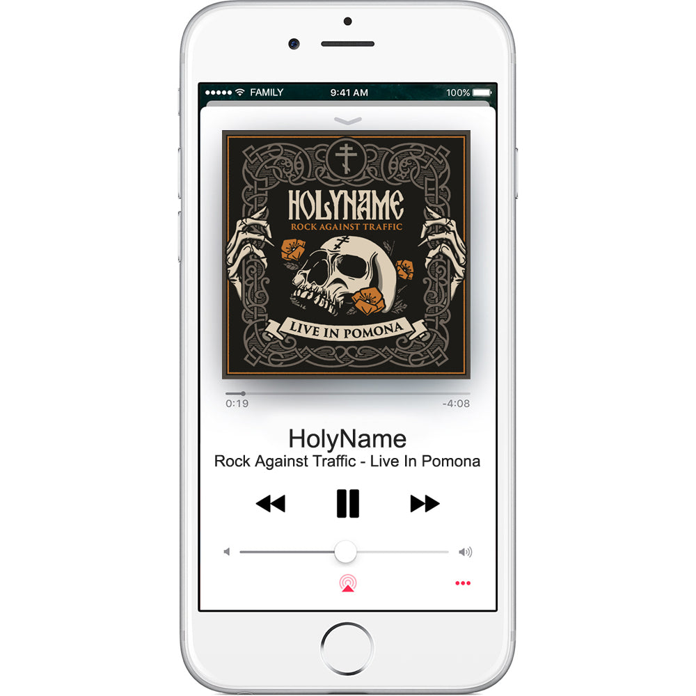 An iPhone shows a music player app playing Christ Has Risen from HolyName’s album Rock Against Traffic - Live In Pomona. The album art features a skull, flowers, ornate designs, and the bands name.