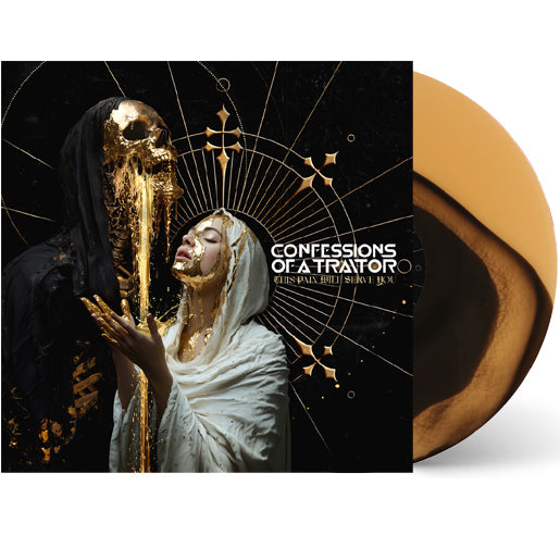 The Confessions Of A Traitor limited edition album, releasing May 16th 2025, features a gold and black vinyl. Its cover shows a woman in white touching a gold-covered figure, overlaid with geometric gold patterns on a dark background.
