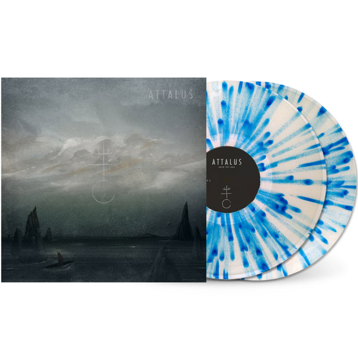 A limited edition Attalus vinyl set with blue and white splatter discs, shown partially out of a gatefold jacket featuring the band’s name and abstract symbol on a cloudy seascape. Includes digital download card.