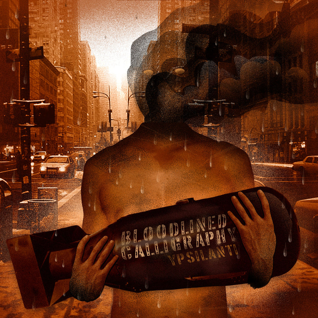 A shirtless figure with a distorted face holds a BLOODLINED CALLIGRAPHY bomb on a rainy, sepia city street—smoke rising from their head, evoking an edgy music album cover. Cars and buildings fade into the background. Brand: Bloodlined Calligraphy.