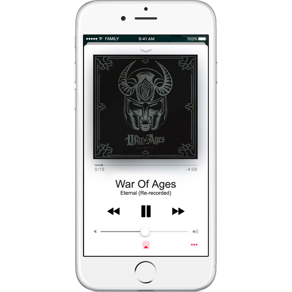 A white iPhone shows the War Of Ages music player screen with a helmet album cover. Eternal (Re-recorded) plays for the Eternal 15 Yr Anniversary, with playback controls below. Brand: War Of Ages.