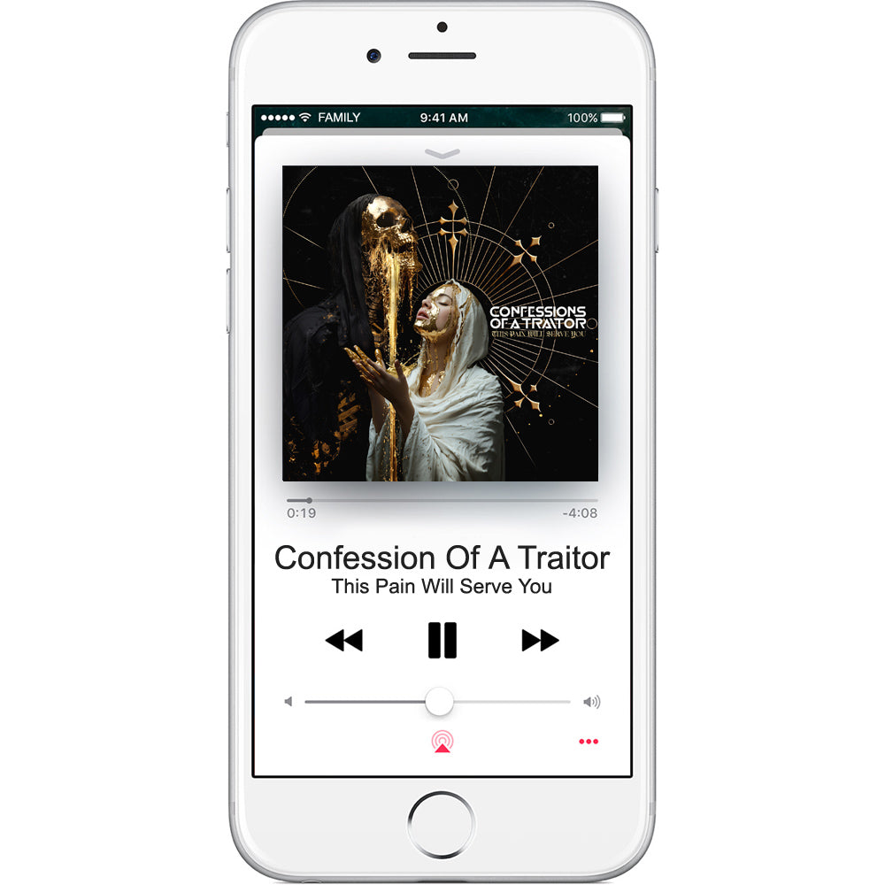 An iPhone displays a music player screen with “This Pain Will Serve You” by Confessions Of A Traitor. The album art shows a woman in white reaching toward a golden, abstract figure—digital album out May 16, 2025.