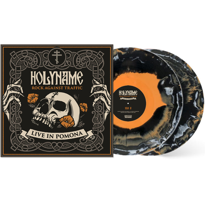 HolyName: Rock Against Traffic Live in Pomona album cover shows a skull with orange flowers and gripping hands in a frame, plus two limited black/orange marbled vinyl records and a download card.