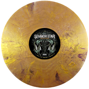 A limited edition marbled yellow and brown vinyl by Seventh Star, featuring a black center label and artwork of abstract faces and foliage.
