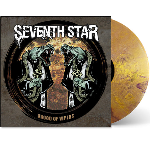 Seventh Stars Brood of Vipers album cover features mirrored skeletal serpents on a grungy circular background, with a marbled gold Feverish Colorway limited edition vinyl peeking out behind.