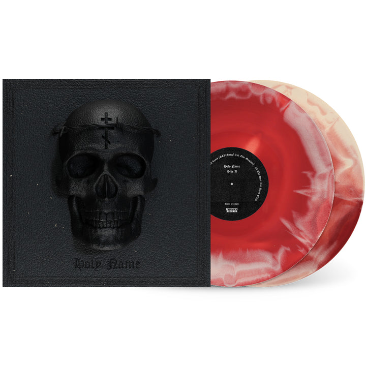 HolyName Limited Edition 2xLP double vinyl album with red and white marbled records and a black cover featuring an embossed skull with a cross on its forehead, plus Holy Name Triodion written below.