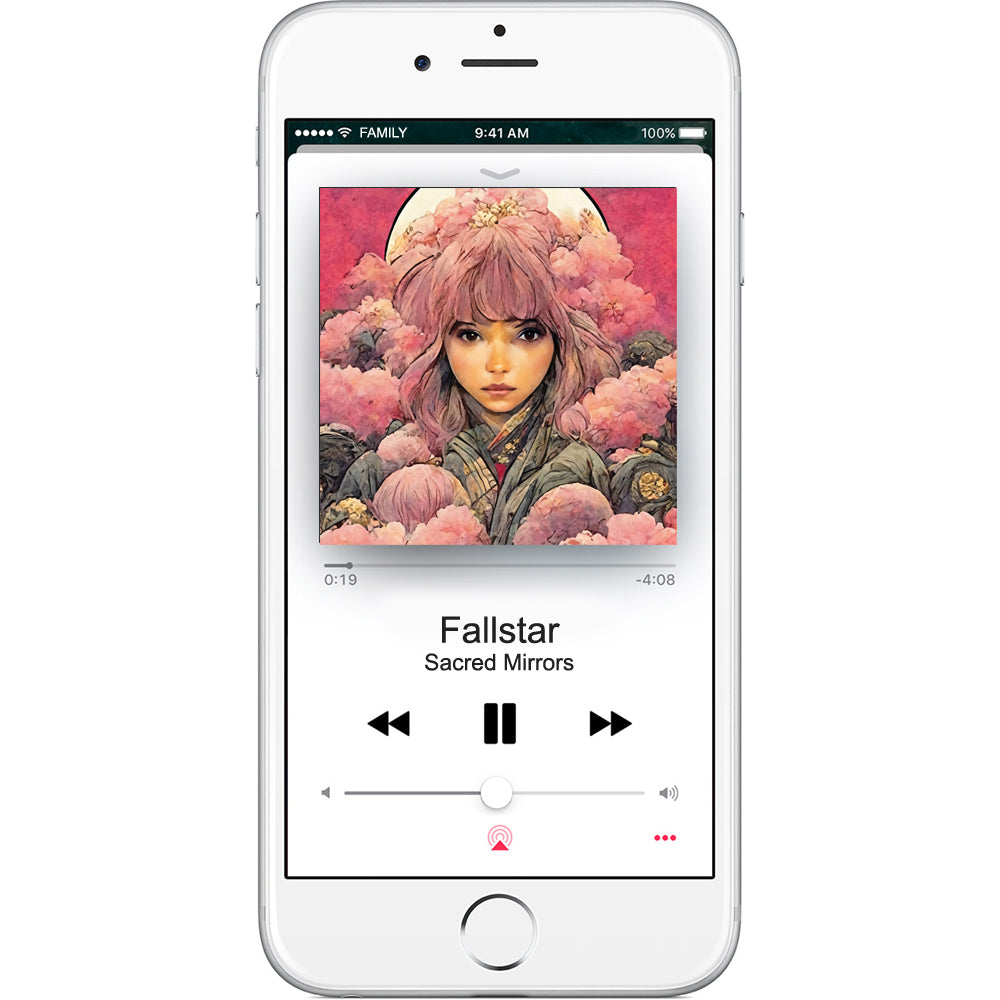 A Fallstar smartphone displays the Sacred Mirrors music player at 0:19, featuring album art of a pink-haired woman with flowers and clouds, illustrating digital download and tracklisting options.