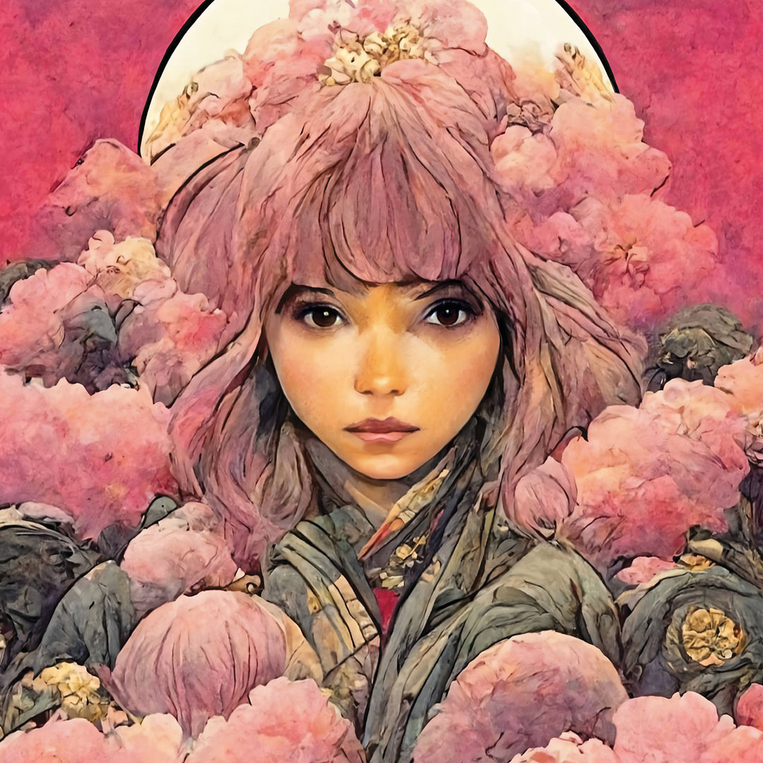A digital painting of a pink-haired young woman amid lush pink flowers, inspired by Fallstar’s Sacred Mirrors CD, gazing calmly against a vibrant, warm backdrop.