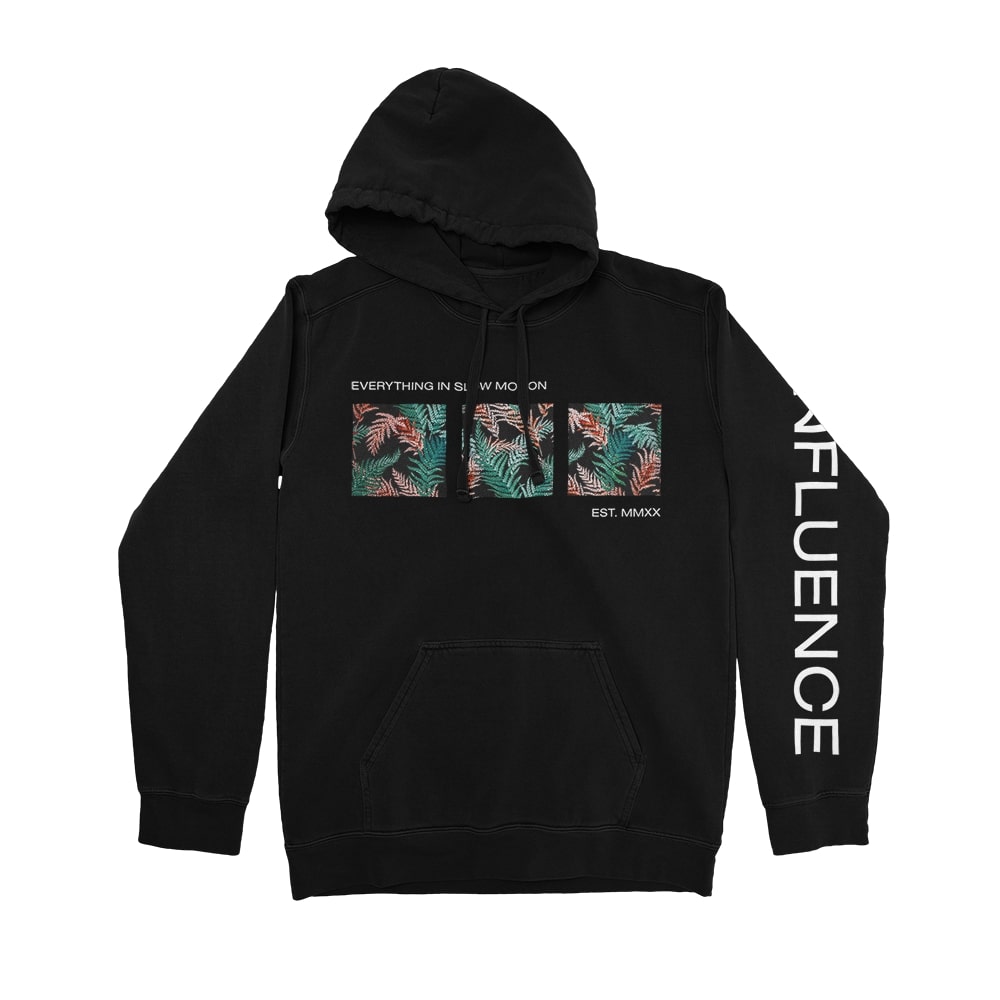 Everything In Slow Motion black hoodie with three tropical leaf prints and EVERYTHING IS IN SWIM MO ON EST. MMXX text on the chest. Bold white INFLUENCE lettering runs down the right sleeve of this custom piece.