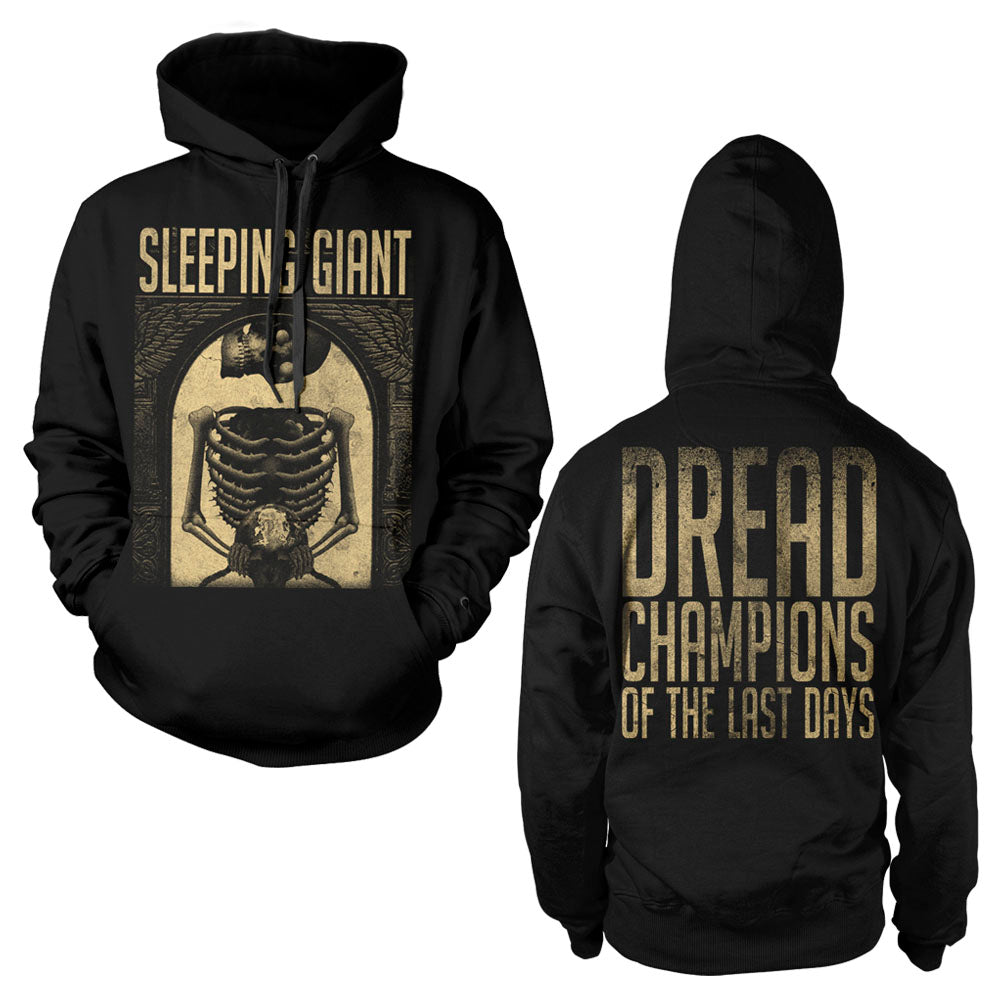 The Sleeping Giant black midweight pullover hoodie features a printed skeleton and arch with Sleeping Giant on the front, and bold distressed gold text “Dread Champions of the Last Days” on the back.