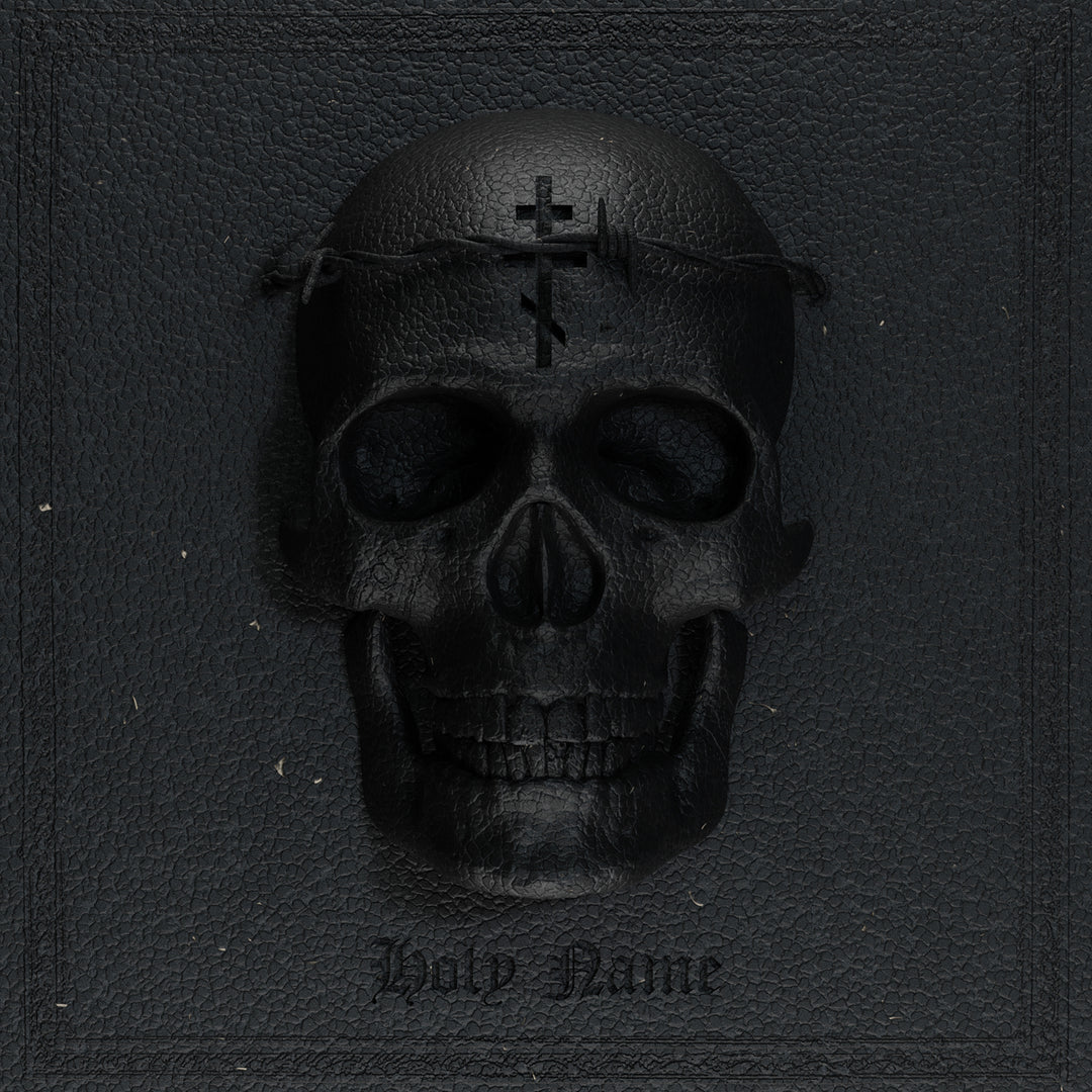 A black skull with a barbed wire crown and a cross on its forehead rests on a textured black background. HolyName, the music album, is embossed in letters at the bottom.