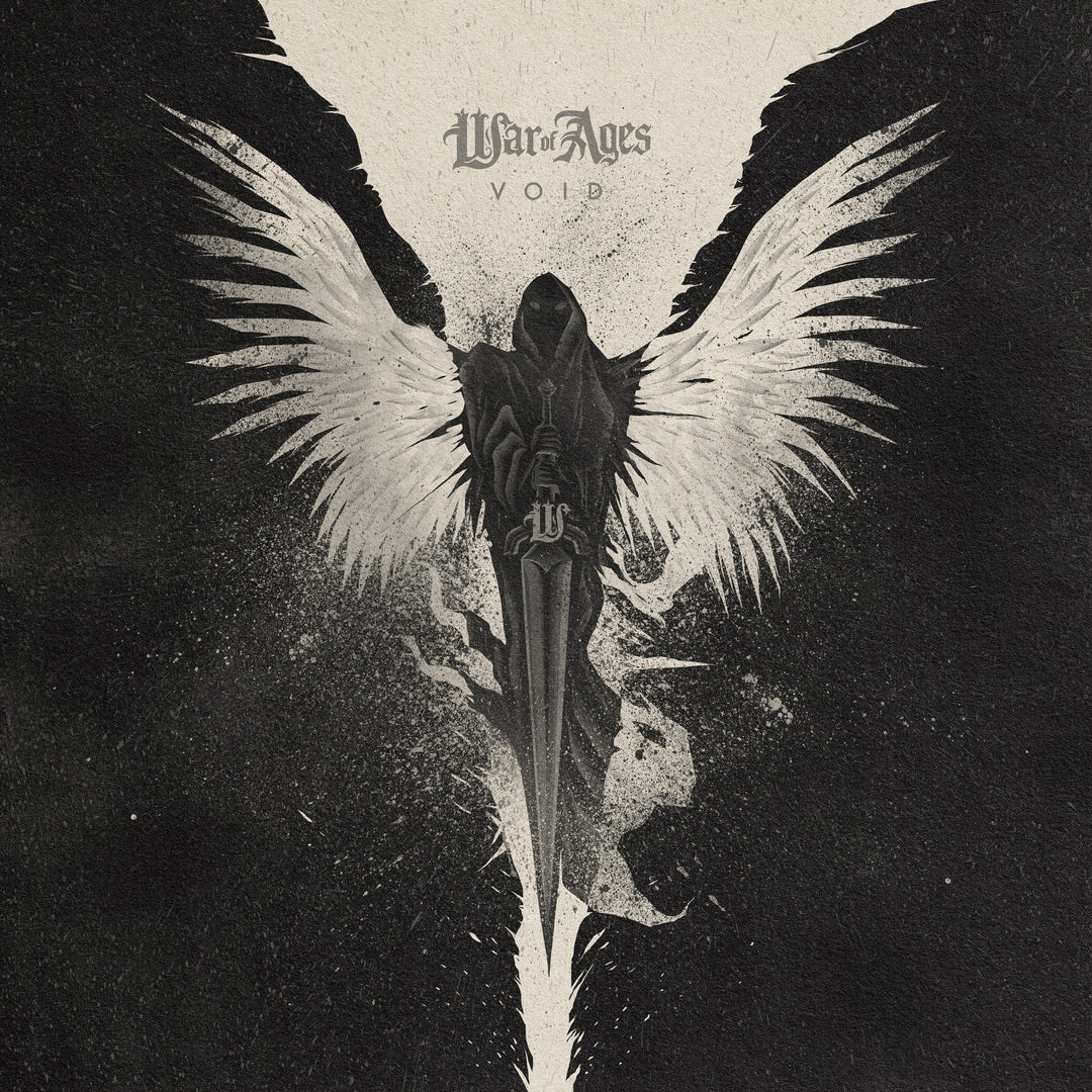 A hooded, angelic figure with large wings and a sword stands on a black and white textured background. War Of Ages, the brand name, and Void appear above, evoking the intensity of a CD track listing.