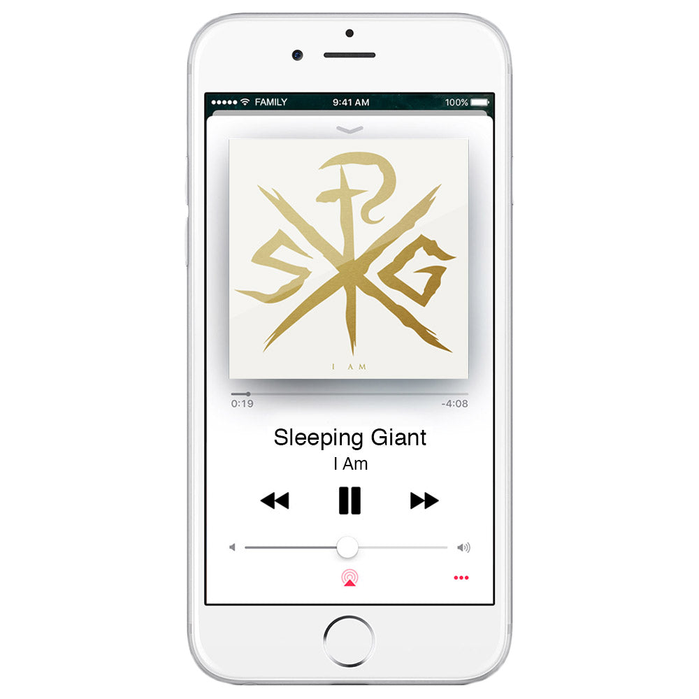 A white iPhone shows a music player screen with "I Am" by Sleeping Giant, featuring gold-on-white album art and visible playback controls, highlighting part of the I Am digital download experience from Sleeping Giant.