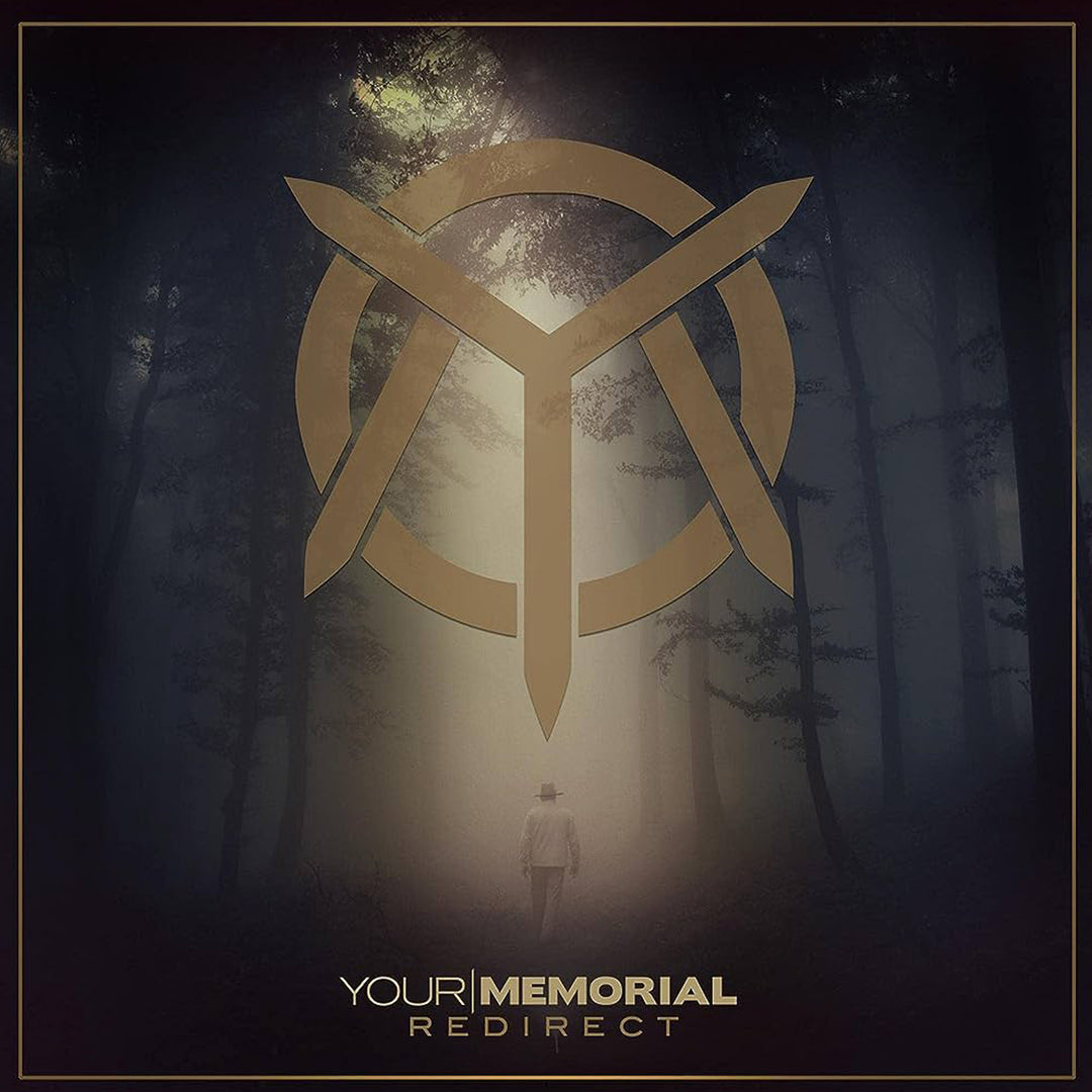 A person stands in a misty forest among tall trees. A large gold geometric symbol overlays the image, evoking legacy. At the bottom, the brand name Your Memorial appears.
