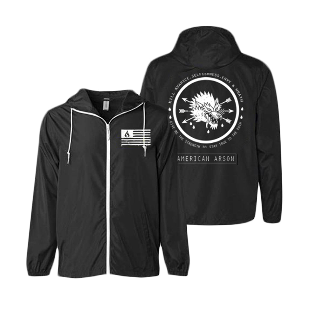 American Arson black hooded windbreaker with white zipper and drawstrings. Front shows a white flag and flame graphic; back has a winged torch and circular text: "Kill apathy, selfishness, envy, and doubt. American Arson.