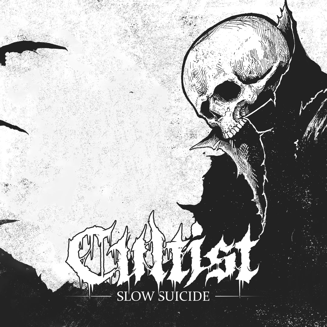 The Cultist Slow Suicide CD features black and white cover art of a detailed skull in a hooded cloak, surrounded by dark, sharp shapes. The bottom displays Cultist and Slow Suicide—a fitting metal album from the brand Cultist.