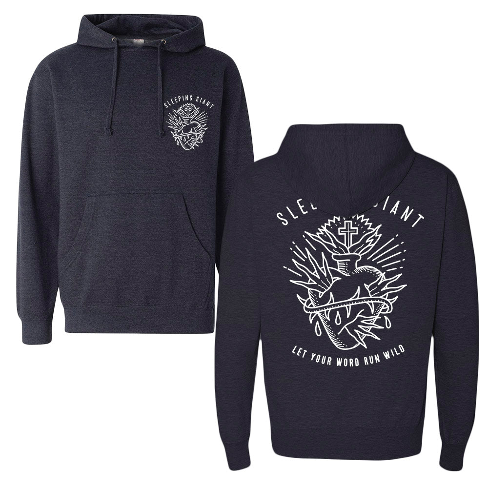 A dark Sleeping Giant hoodie featuring SLEEPING GIANT text, a heart with a crown of thorns and cross graphic on the back, and LET YOUR WORD RUN WILD below. The front has a smaller version of the graphic on the chest.