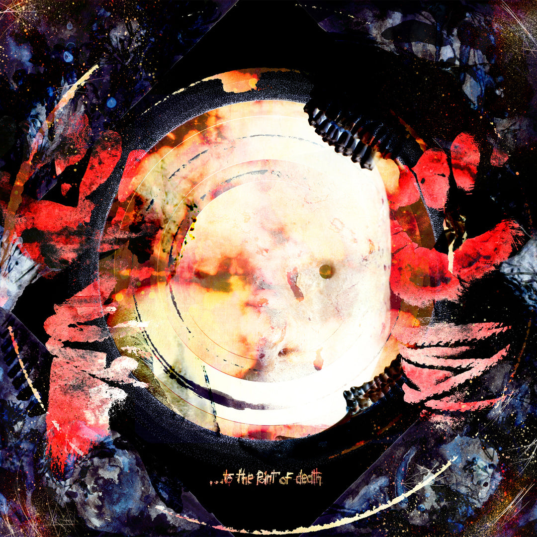 An abstract cosmic scene inspired by Poured Out’s To The Point Of Death CD: swirling colors, red handprints, circular lights, a glowing yellow-white center surrounded by deep blues and reds.