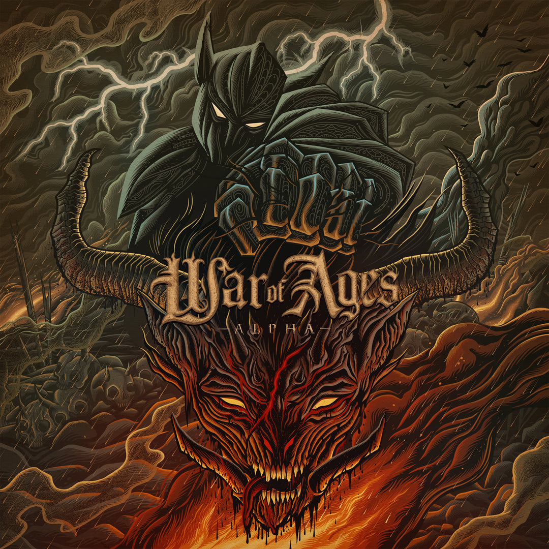 A dark armored figure looms over a fiery, horned demon head with glowing eyes; lightning and swirling flames surround the central gothic War Of Ages CD title, creating an intense and dramatic scene. Brand: War Of Ages.
