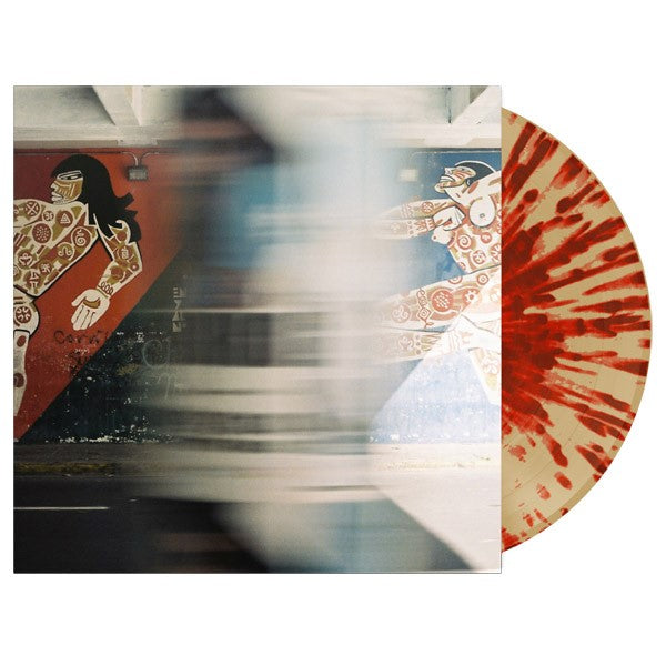 A Bone w/ Burgundy Splatter LP from Weathered is partially visible behind an album cover showing a mural of two stylized figures—one with long dark hair—against a blurred background beneath a concrete structure. A true collectible!.