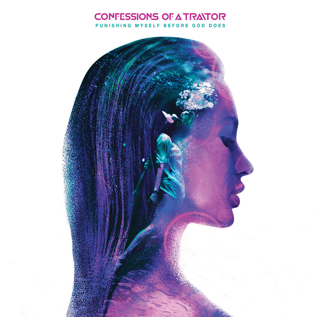 A double exposure of a womans side profile in purple, with Hearts Of Stone and a white-robed figure blended in her hair, beneath the title Confessions Of A Traitor and the subtitle Punishing Myself Before God Does. Brand: Confessions Of A Traitor.