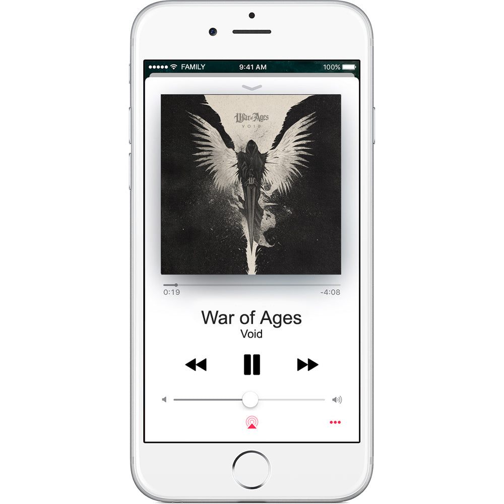 An iPhone shows a music player app playing Void by War Of Ages. The album art displays a dark, winged figure on black, playback controls underneath. This track by War Of Ages is available as a digital download.