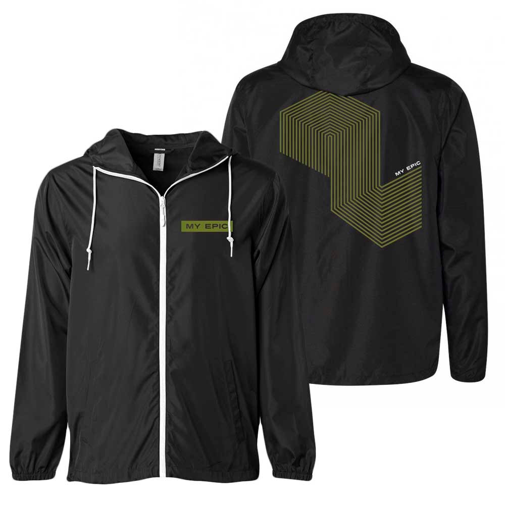 Black hooded windbreaker by My Epic featuring a white zipper, matching drawstrings, MY EPIC in olive green on the left chest, and a large geometric olive green MY EPIC design on the back.