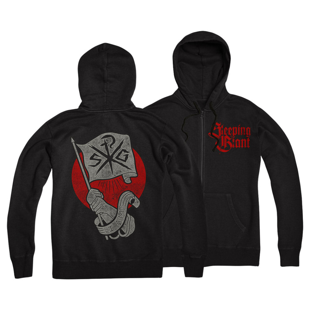 Sleeping Giant zip-up hoodie in soft ring-spun cotton with "Sleeping Giant" in red Gothic script on the chest. Back features a bold sword, SG banner, and vivid red circle design.