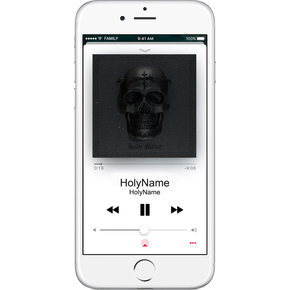 A white smartphone shows a music player with a dark album cover featuring a black skull and cross while playing HolyName by HolyName, setting a celestial atmosphere similar to tracks like Open Skies.