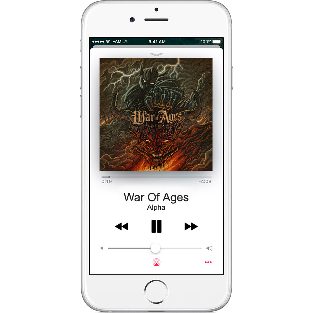 An iPhone shows a music player screen featuring War Of Ages by War Of Ages. The album art displays a horned demonic creature amid swirling flames and dark clouds, with playback controls beneath the image.