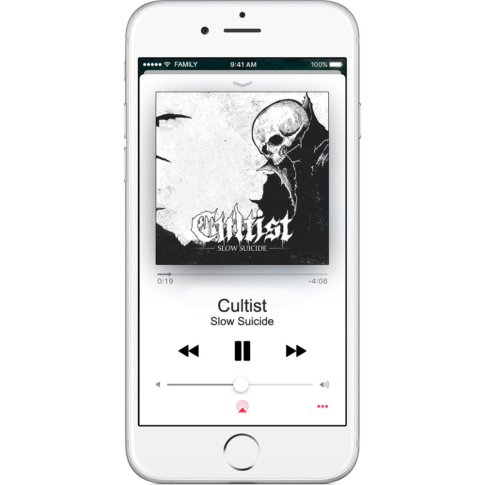 A white smartphone shows a music player screen with Slow Suicide by Cultist. The skull-themed album art appears above playback controls and a progress bar, capturing the digital download experience from Cultist.