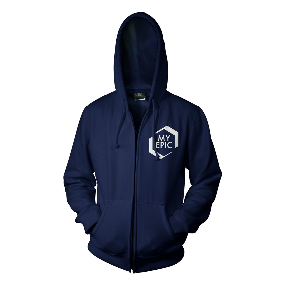 Navy blue zip-up hoodie by My Epic with front pockets, drawstrings, and a hood. Features a white geometric hexagon logo with MY EPIC on the left chest. Displayed on a plain white background.