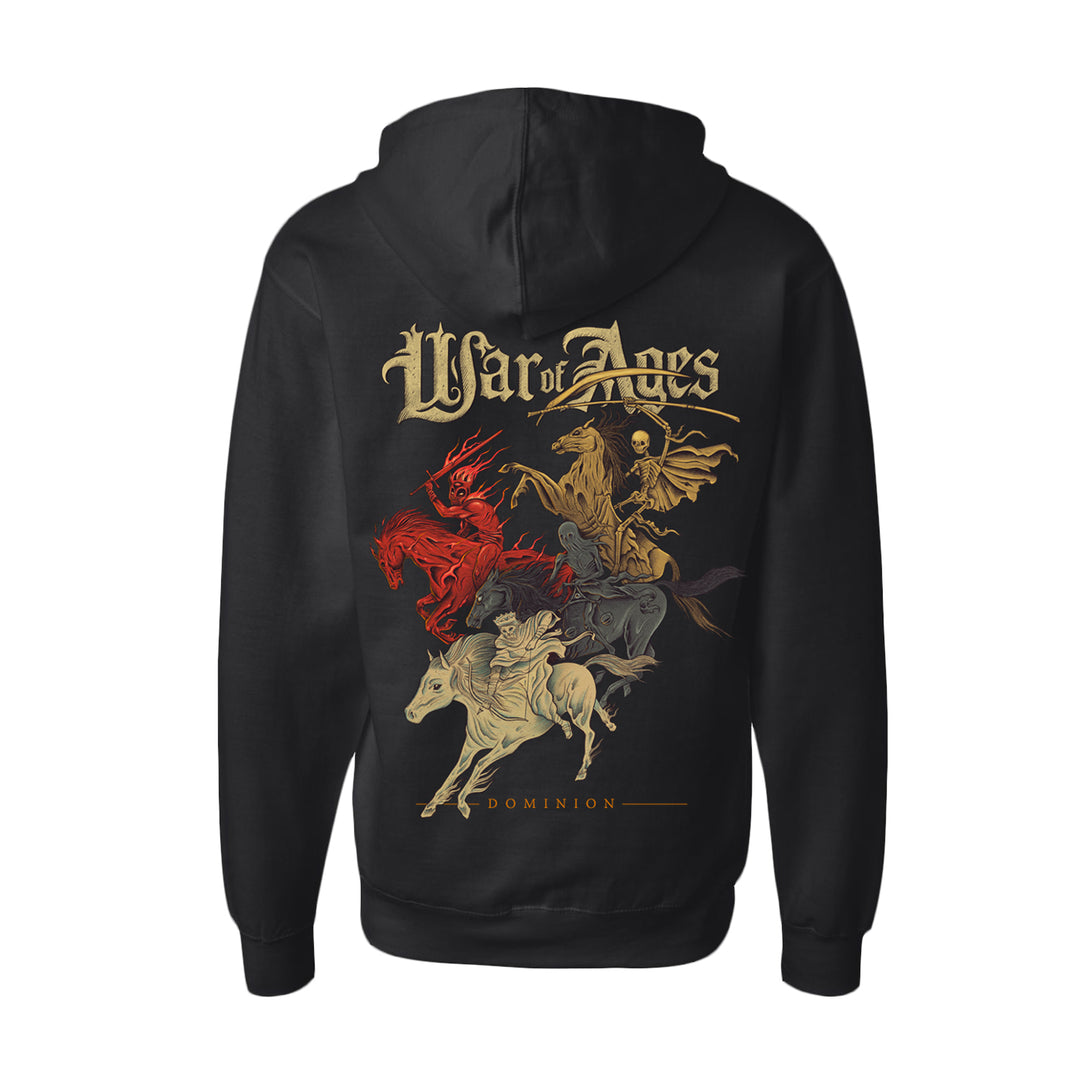 image of the back of a black pullover hoodie on a white background. hoodie has a full print that says war of ages. below the text are demons and skeletons riding horses