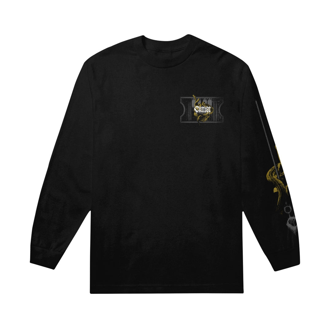Cultist black long-sleeve t-shirt by American Apparel with a small gold and white graphic on the left chest and a matching sword design on the right sleeve. Shown on a plain white background.