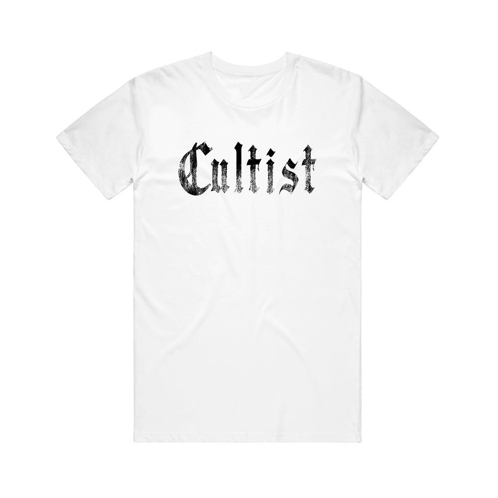 A white t-shirt by Cultist with bold black Gothic-style "Cultist" lettering across the chest.