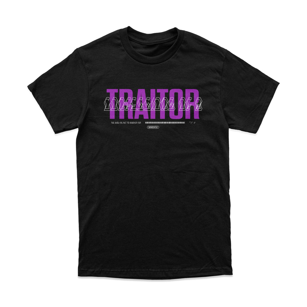 A black Confessions Of A Traitor t-shirt featuring “TRAITOR” in bold purple and white letters and smaller text below, YOU ARE NOT THE BOSS OF ME—perfect for fans of standout printed tees.