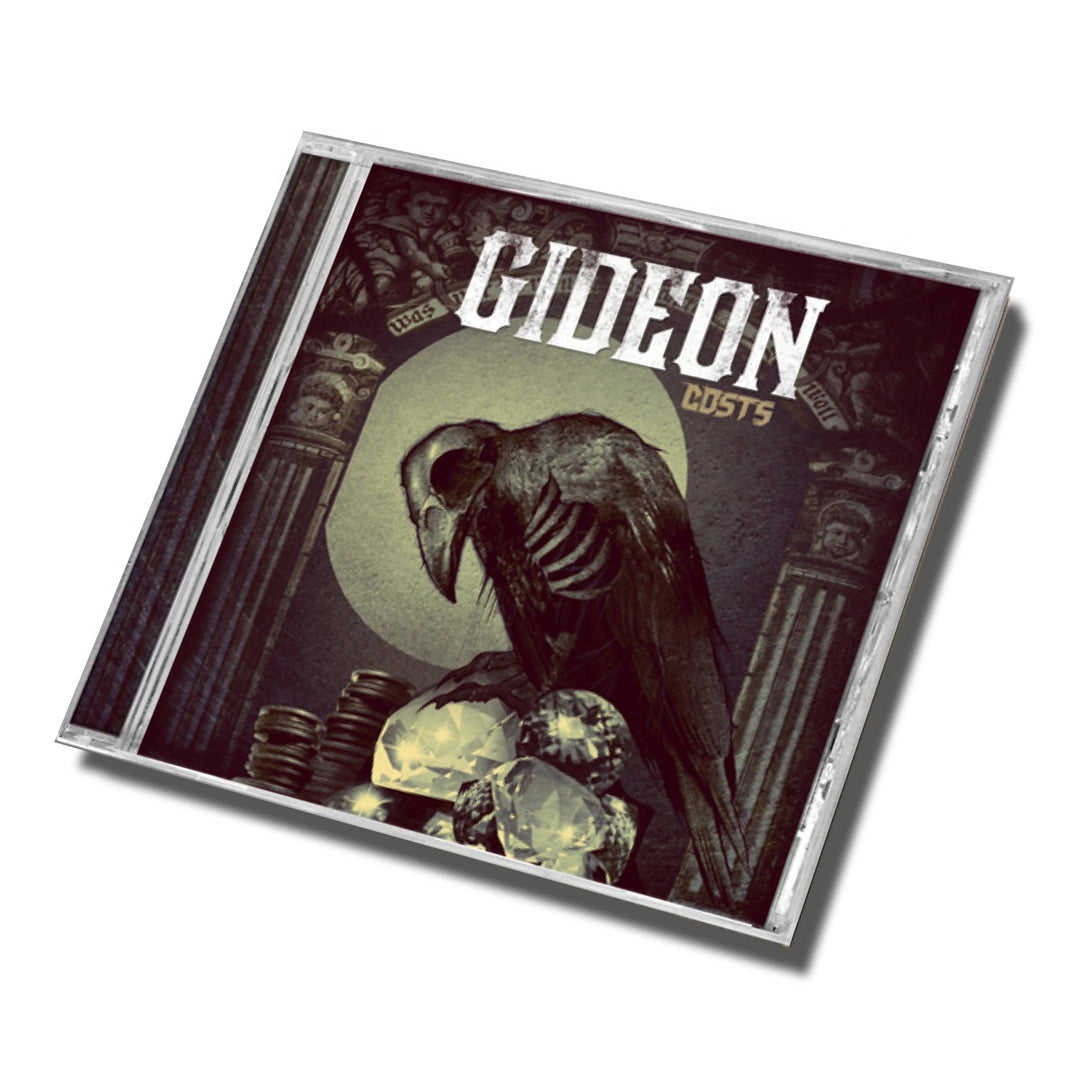 CD album cover for Gideons Costs, featuring a skeletal raven perched on top of a pile of coins and diamonds.