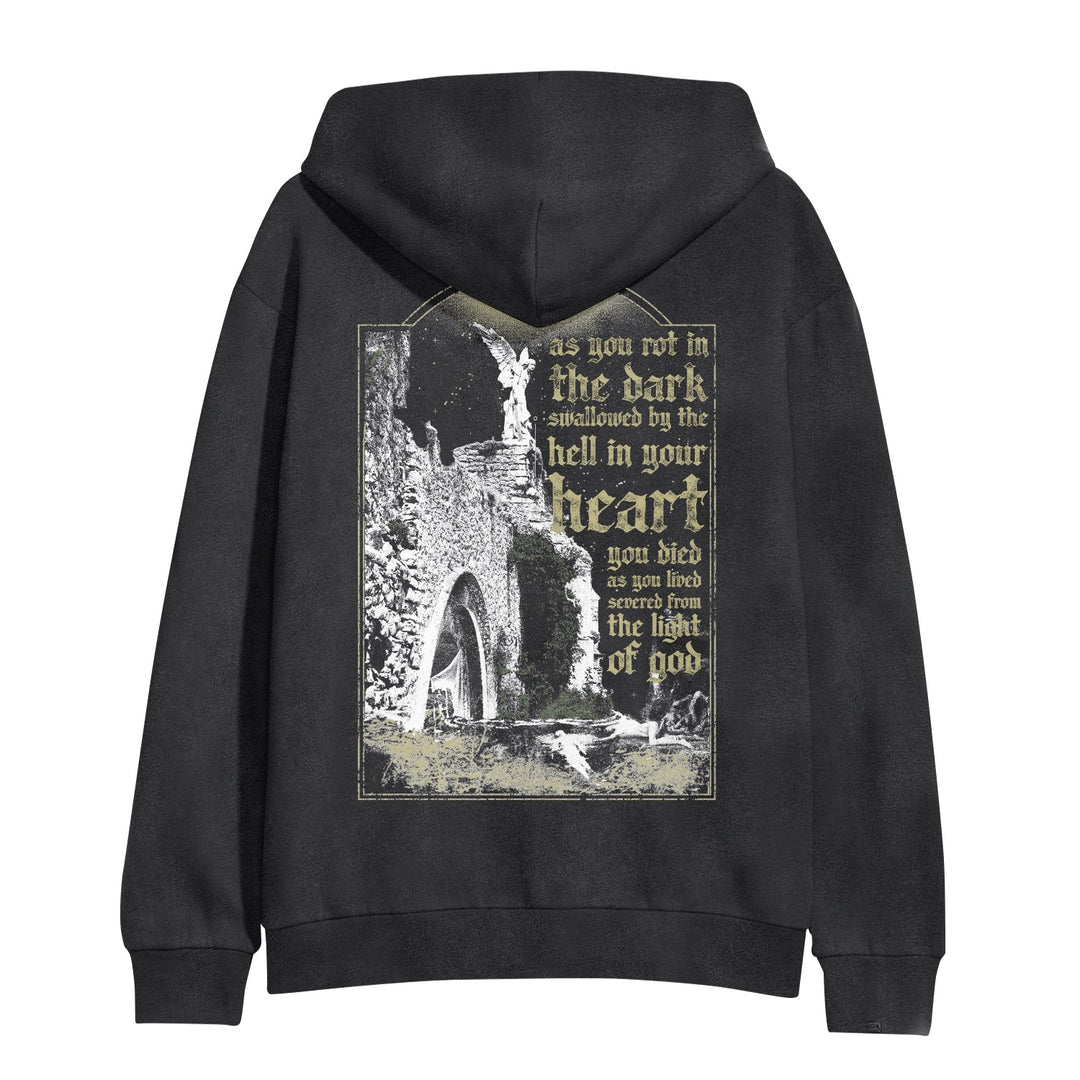 Cultist black hoodie in Pigment Black with a distressed stone archway and ruins graphic on the back, plus Gothic yellow text: as you rot in the dark, swallowed by the hell in your heart...