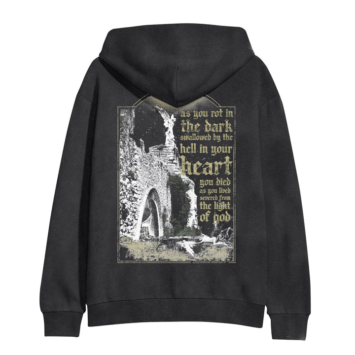 Cultist black hoodie in Pigment Black with a distressed stone archway and ruins graphic on the back, plus Gothic yellow text: as you rot in the dark, swallowed by the hell in your heart...