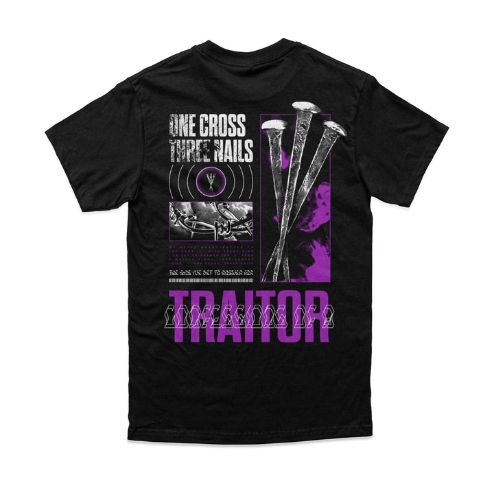 Bold and striking, this black Confessions Of A Traitor t-shirt showcases three large nails, ONE CROSS, THREE NAILS text, a nailed hand graphic, and bold purple "TRAITOR" lettering—a standout piece for unique t-shirt fans.
