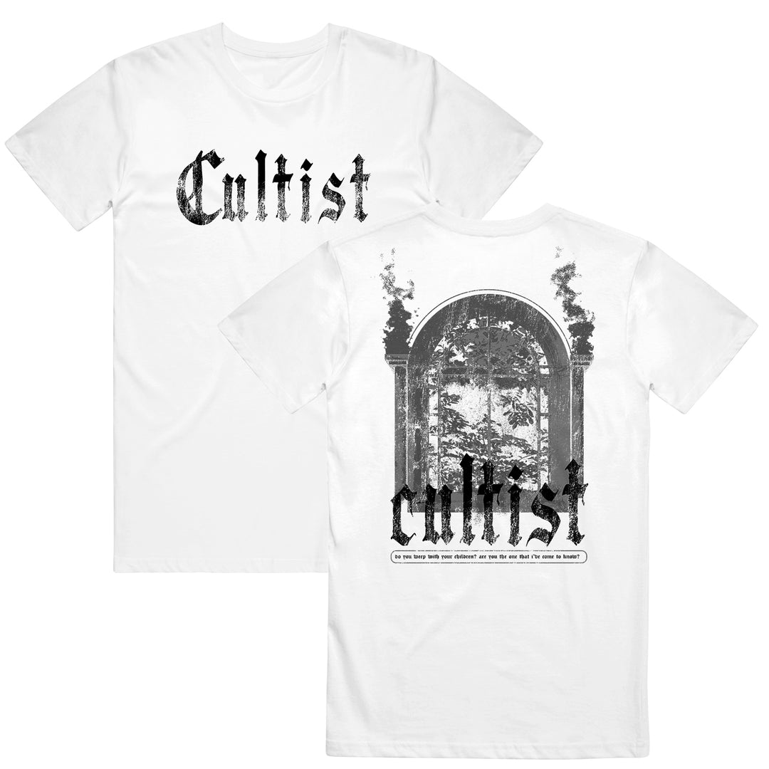 Front and back of a white Cultist t-shirt featuring "Cultist" in bold black gothic font on both sides. The back displays an intricate arched window illustration revealing trees outside.