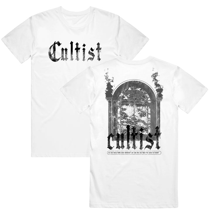 Front and back of a white Cultist t-shirt featuring "Cultist" in bold black gothic font on both sides. The back displays an intricate arched window illustration revealing trees outside.