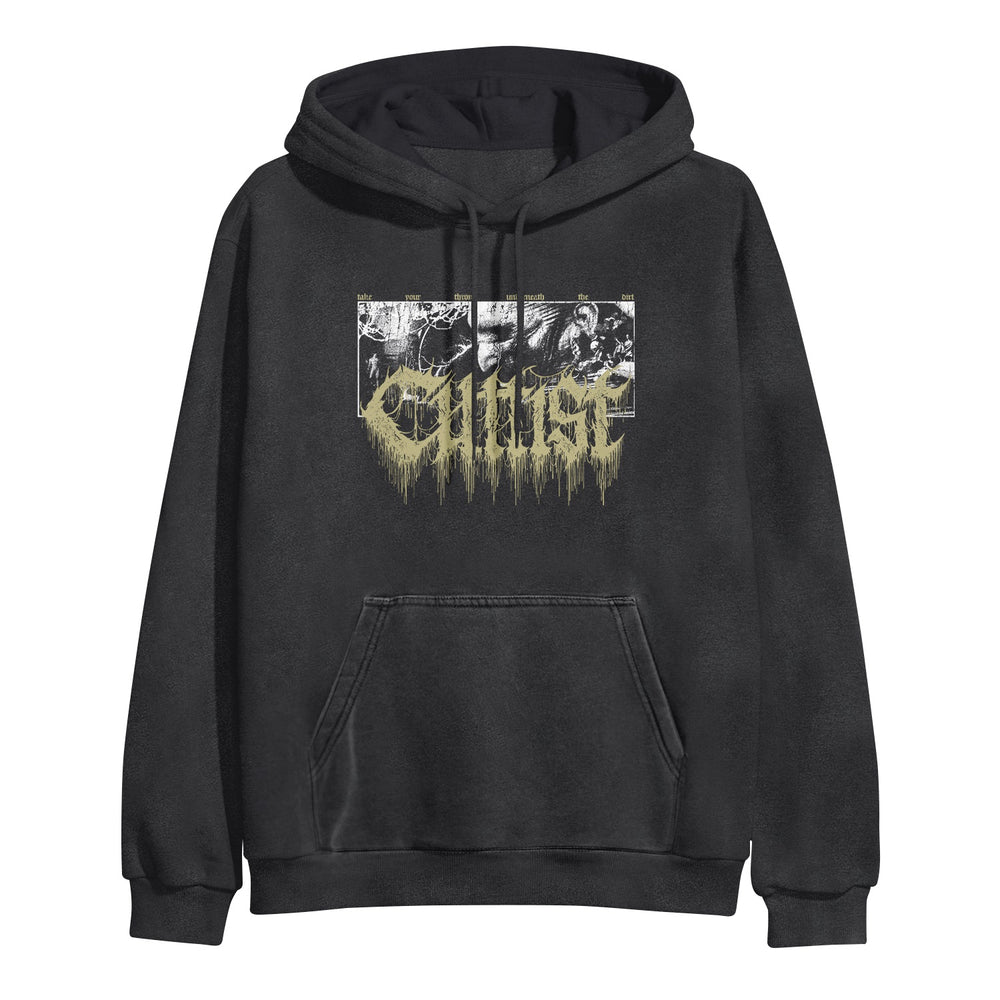 Black pigment pullover hoodie by Cultist, featuring a death metal band graphic above a drippy yellow logo. This midweight style includes a front pocket and drawstrings for comfort.