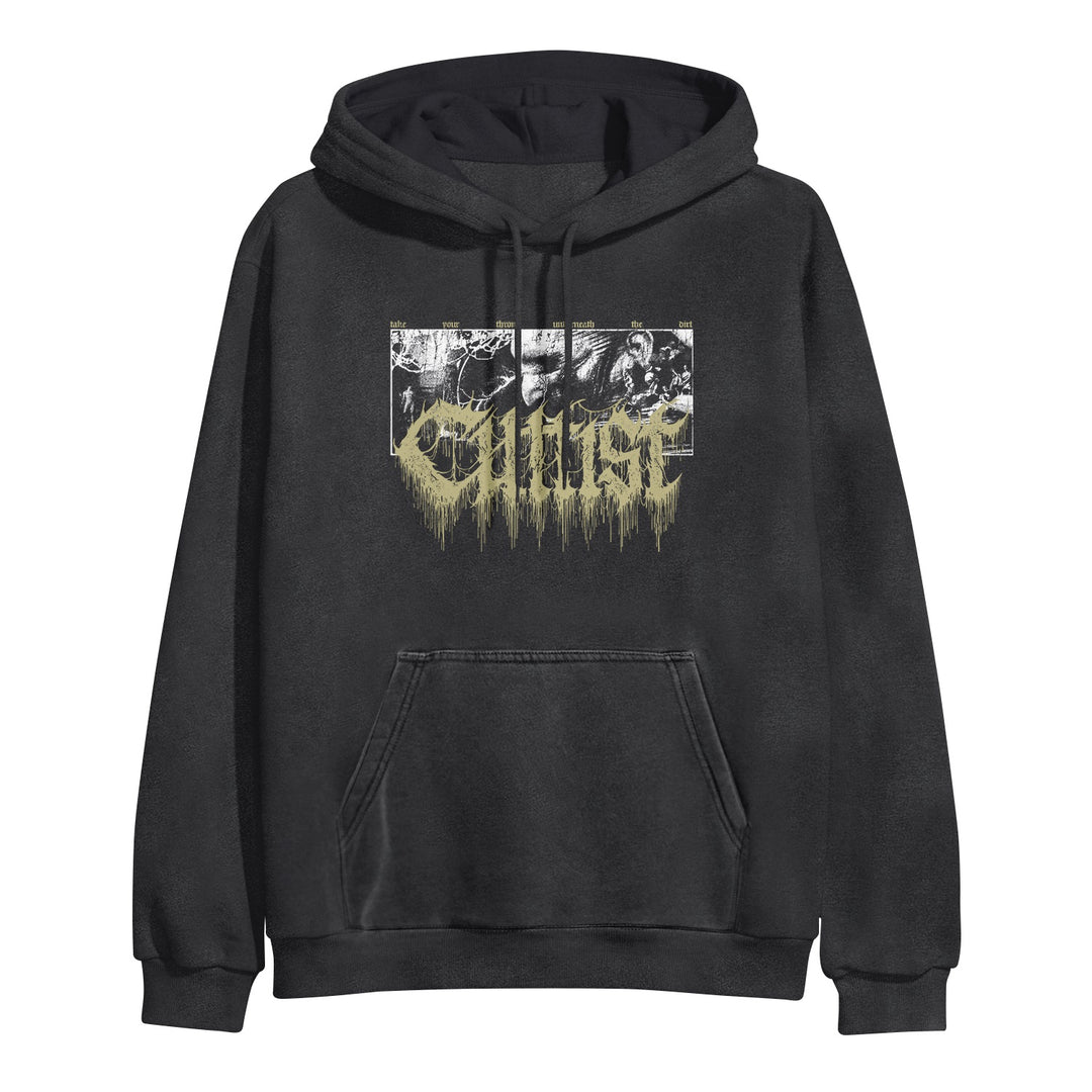 Black pigment pullover hoodie by Cultist, featuring a death metal band graphic above a drippy yellow logo. This midweight style includes a front pocket and drawstrings for comfort.