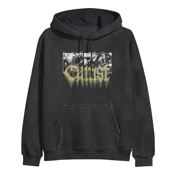 Black pigment pullover hoodie by Cultist, featuring a death metal band graphic above a drippy yellow logo. This midweight style includes a front pocket and drawstrings for comfort.
