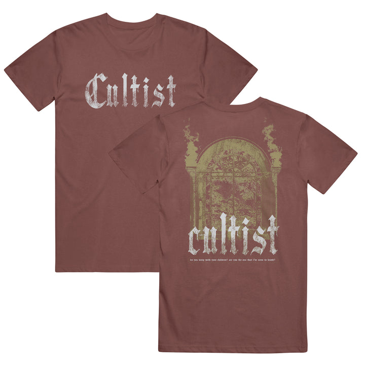 Two brown Cultist shirts feature "Cultist" in white gothic font on the front; the back displays "cultist" below a faded ornate arched window design with detailed accents and small text at the bottom.