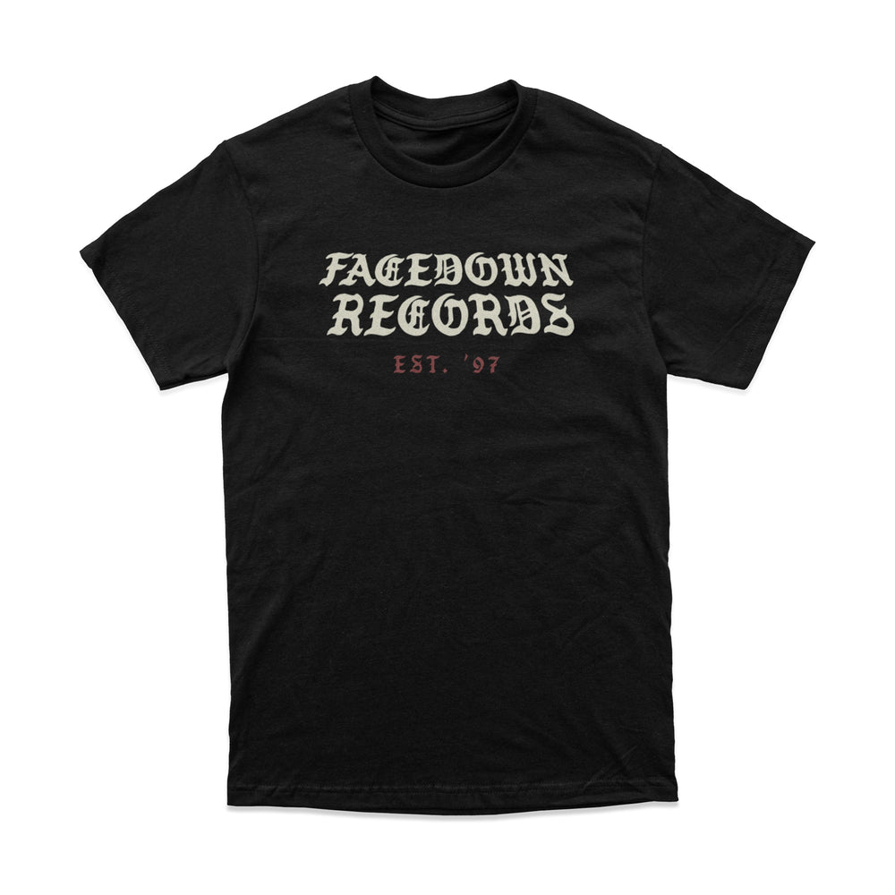 A black Facedown Records tee by Comfort Colors with bold white gothic logo and "Est. 97" in small red text on the front.
