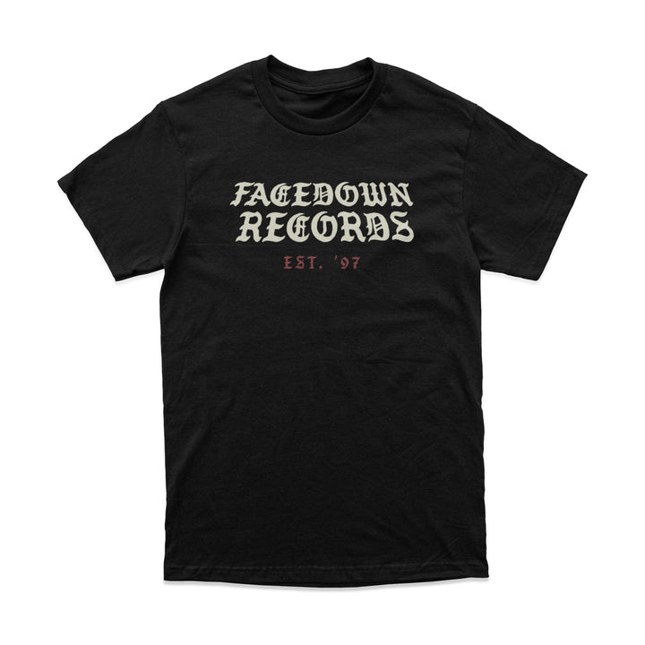 A black Facedown Records tee by Comfort Colors with bold white gothic logo and "Est. 97" in small red text on the front.