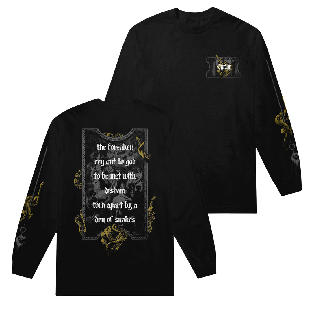 Cultist black long-sleeve features gold and gray snake graphics on the sleeves, a small chest crest, and bold back text: "the forsaken cry out to god, met with disdain, torn apart by a den of snakes." American Apparel fit.
